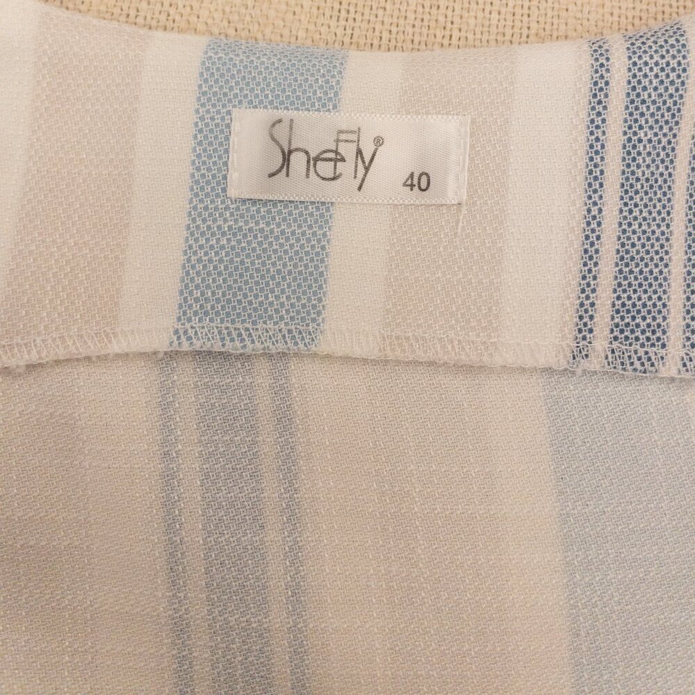SheFly Blue White Striped Linen Dress Size 40 M Sleeveless Wrap Bodice Summer - Picture 3 of 5